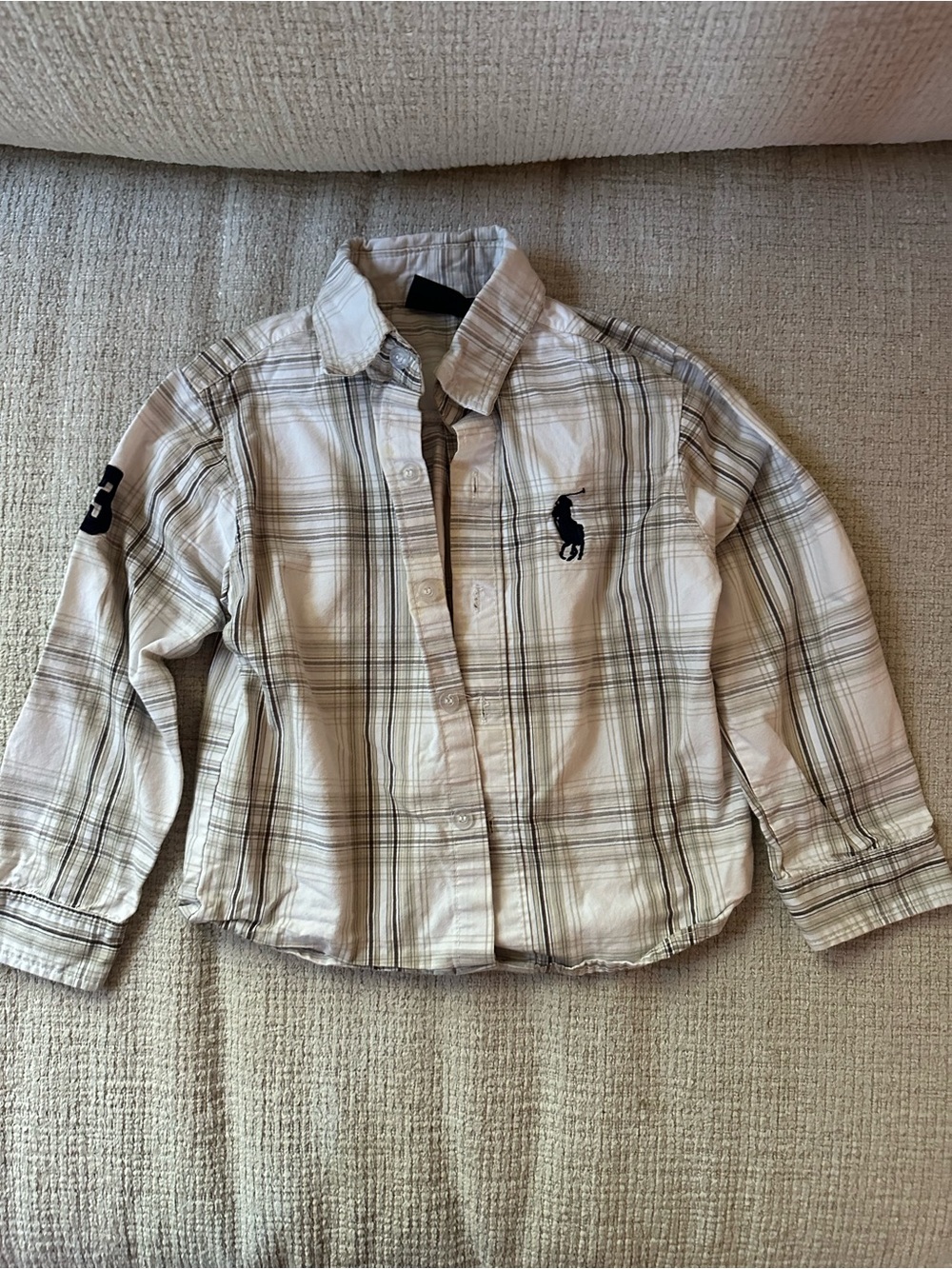 Polo by Ralph Lauren Kids Plaid Button-Up Shirt in Cream with Navy Logo Size 7